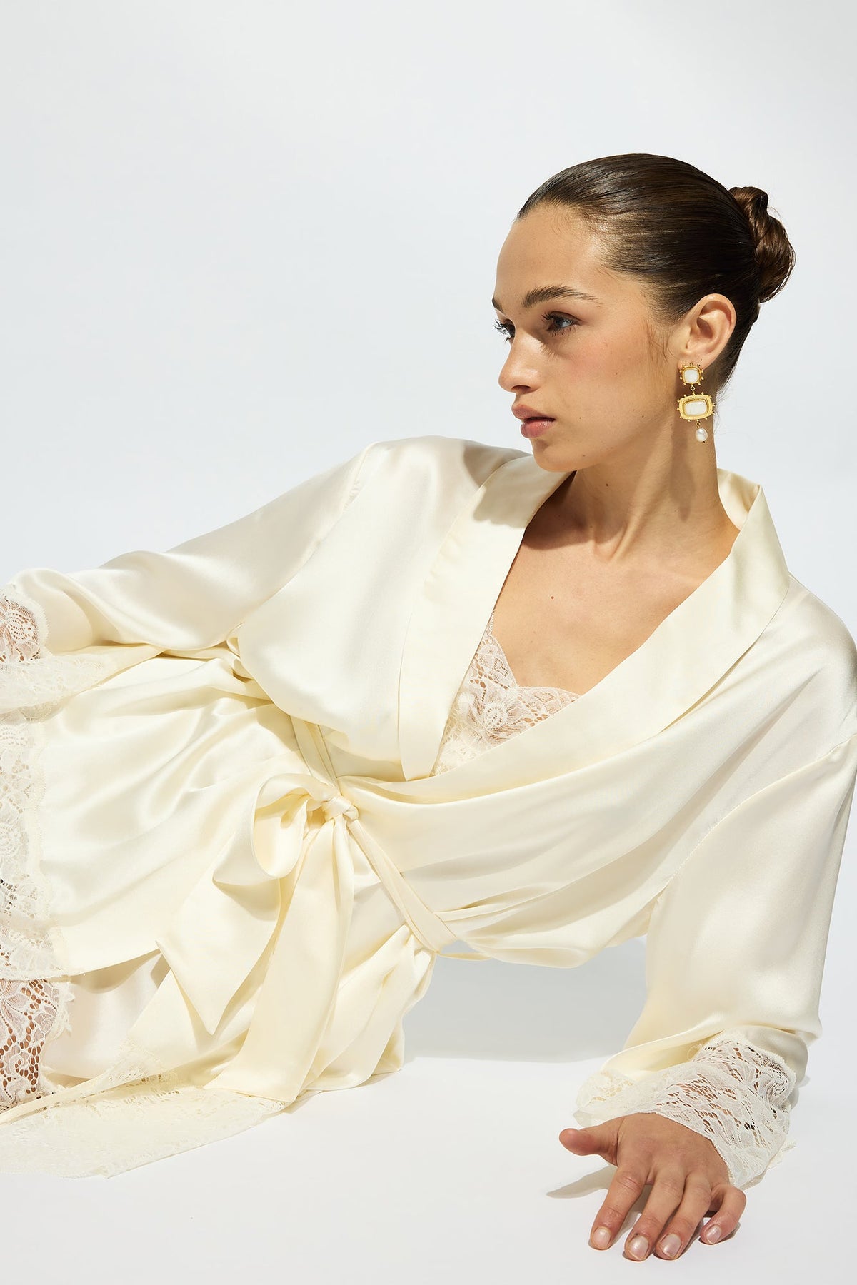 The Silk Lace Robe By GINIA In Creme