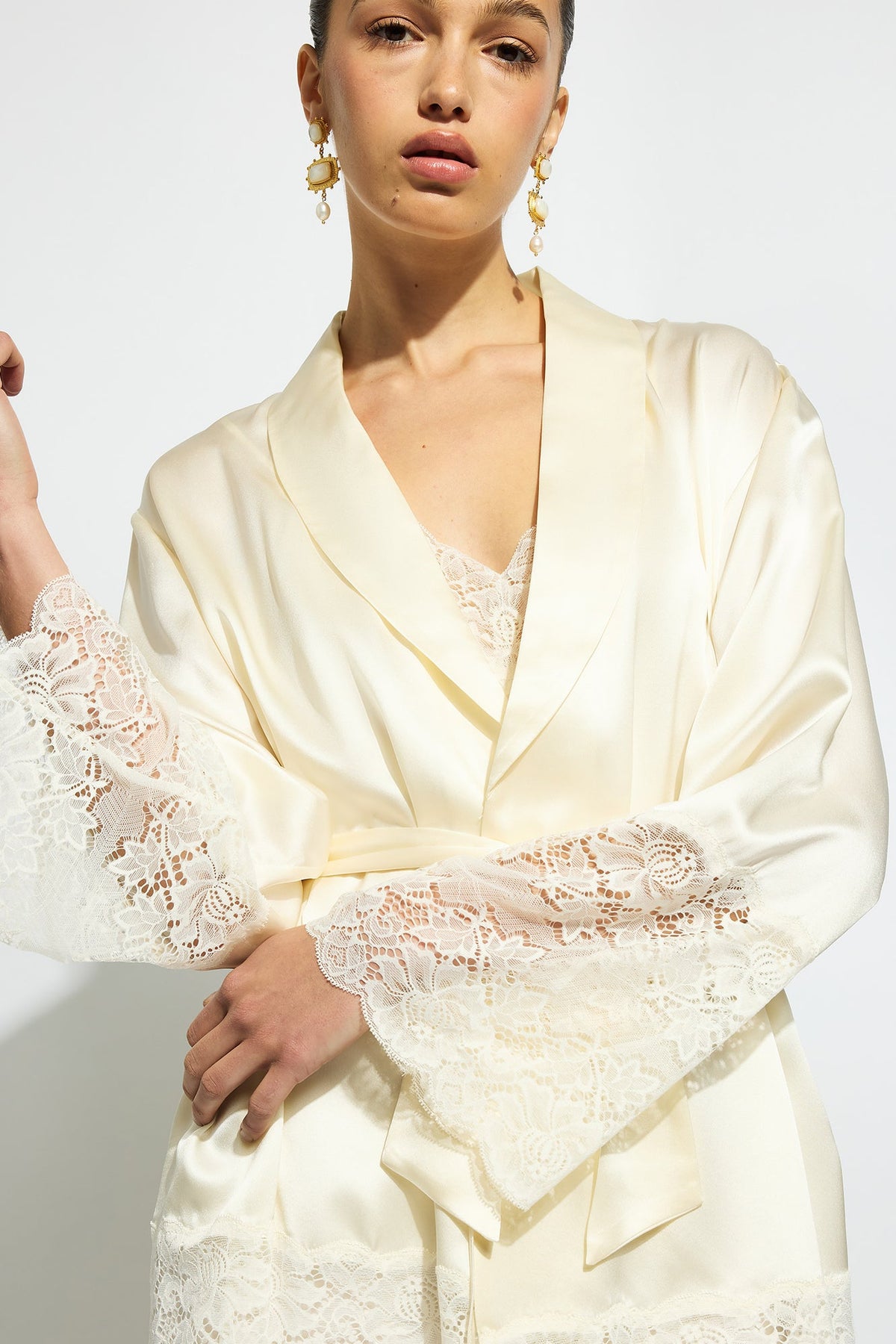 The Silk Lace Robe By GINIA In Creme 