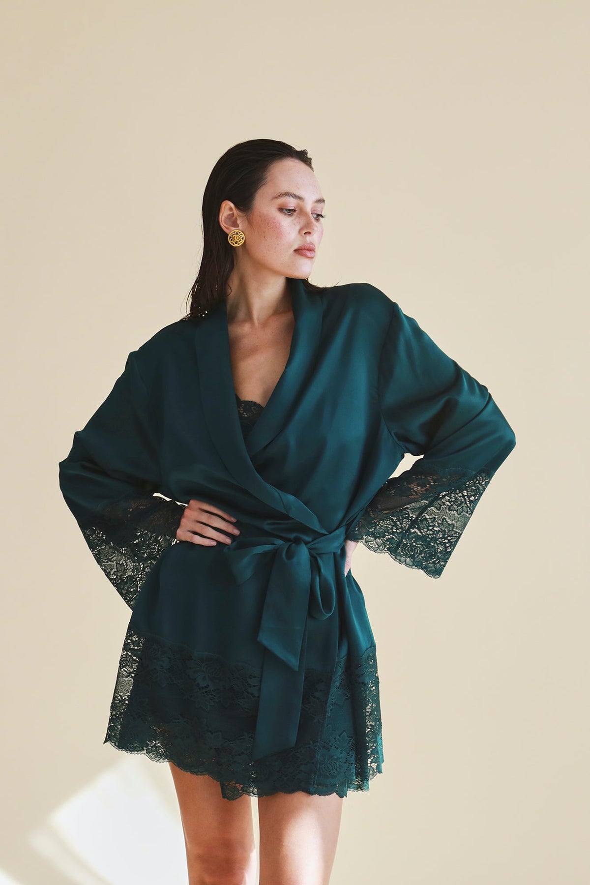 The Silk Lace Robe By GINIA In Emerald