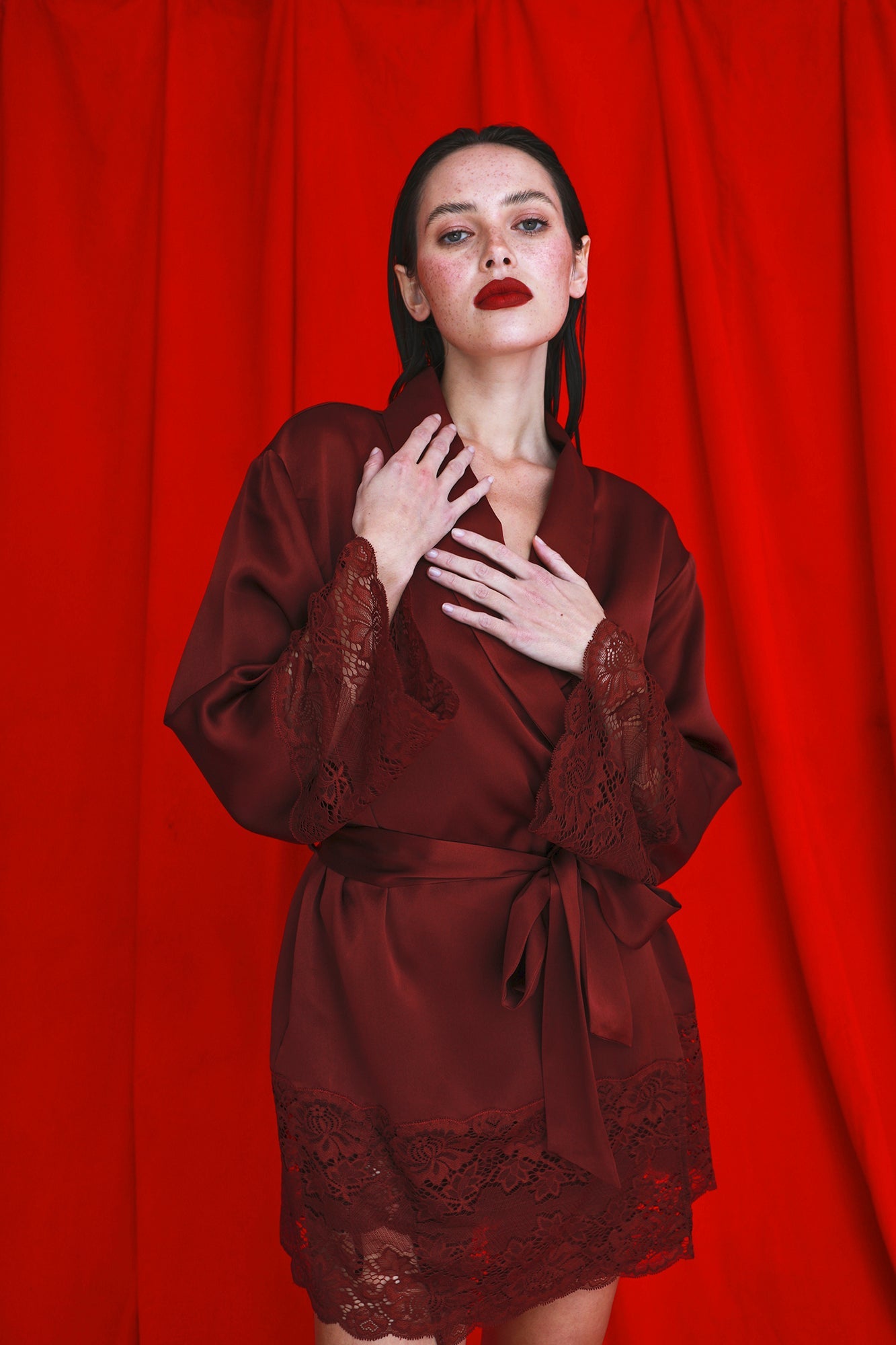 The Silk Lace Robe By GINIA In Ruby Red