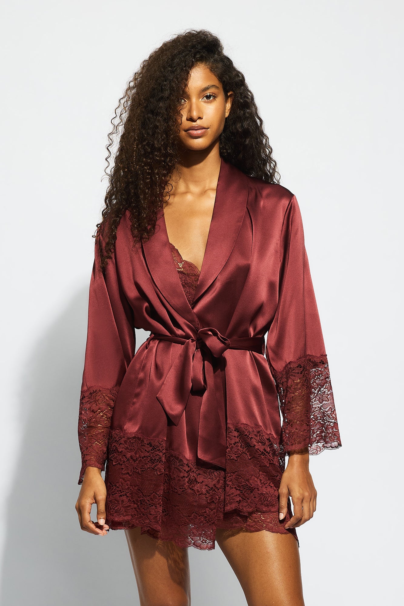 The Silk Lace Robe By GINIA In Ruby Red