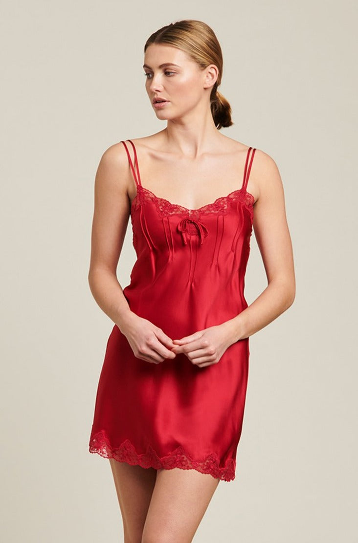 GINIA Silk Chemise With Pintucks and Lace - Ruby