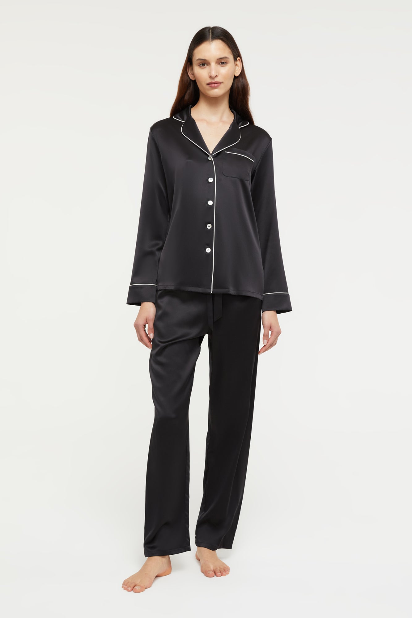 GINIA Fine Finishes pajama in Black/Creme Piping - 100% 19mm Silk Grade 6A