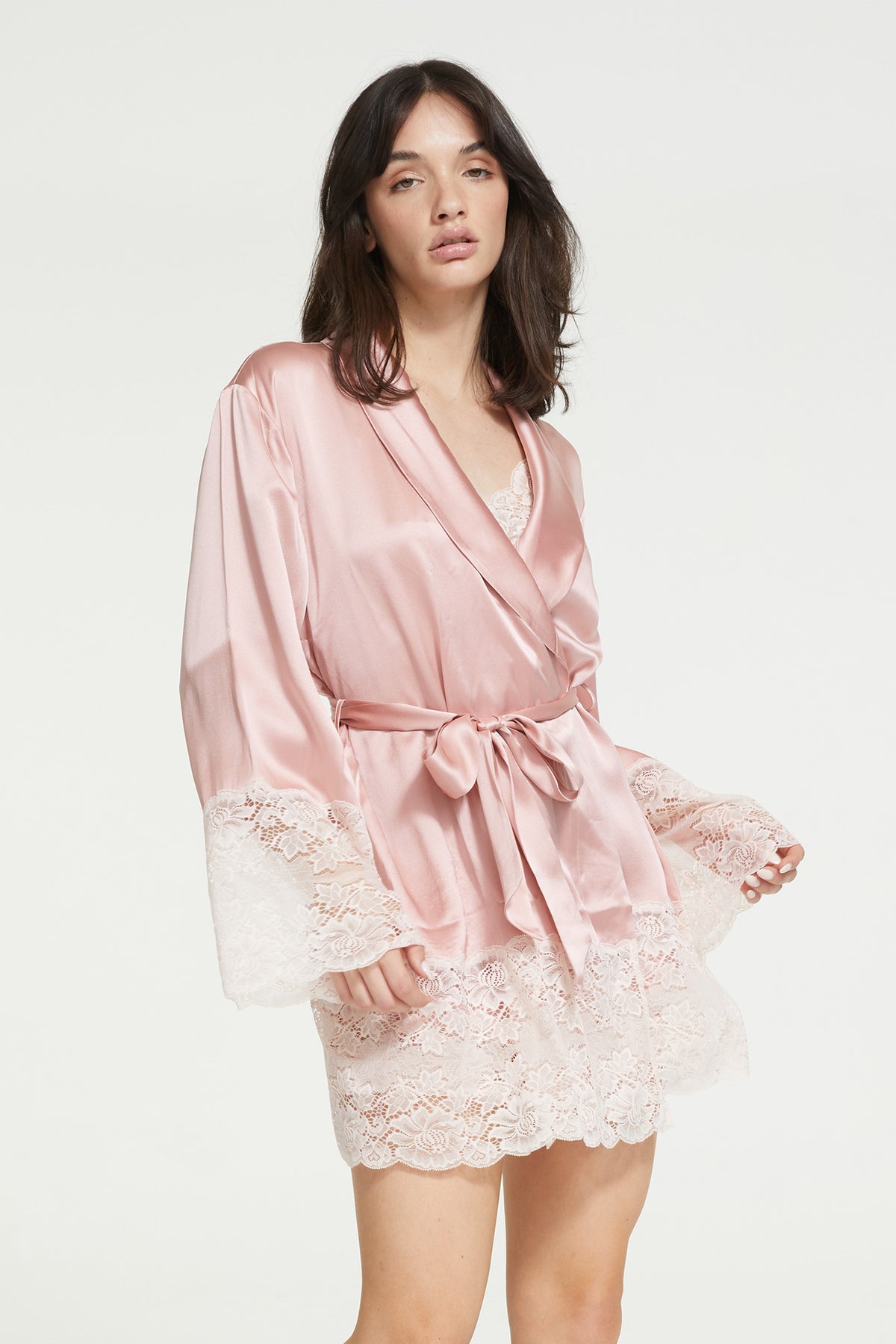GINIA Lace Silk Robe in Bridal Rose - 100% 19mm Silk Grade 6A