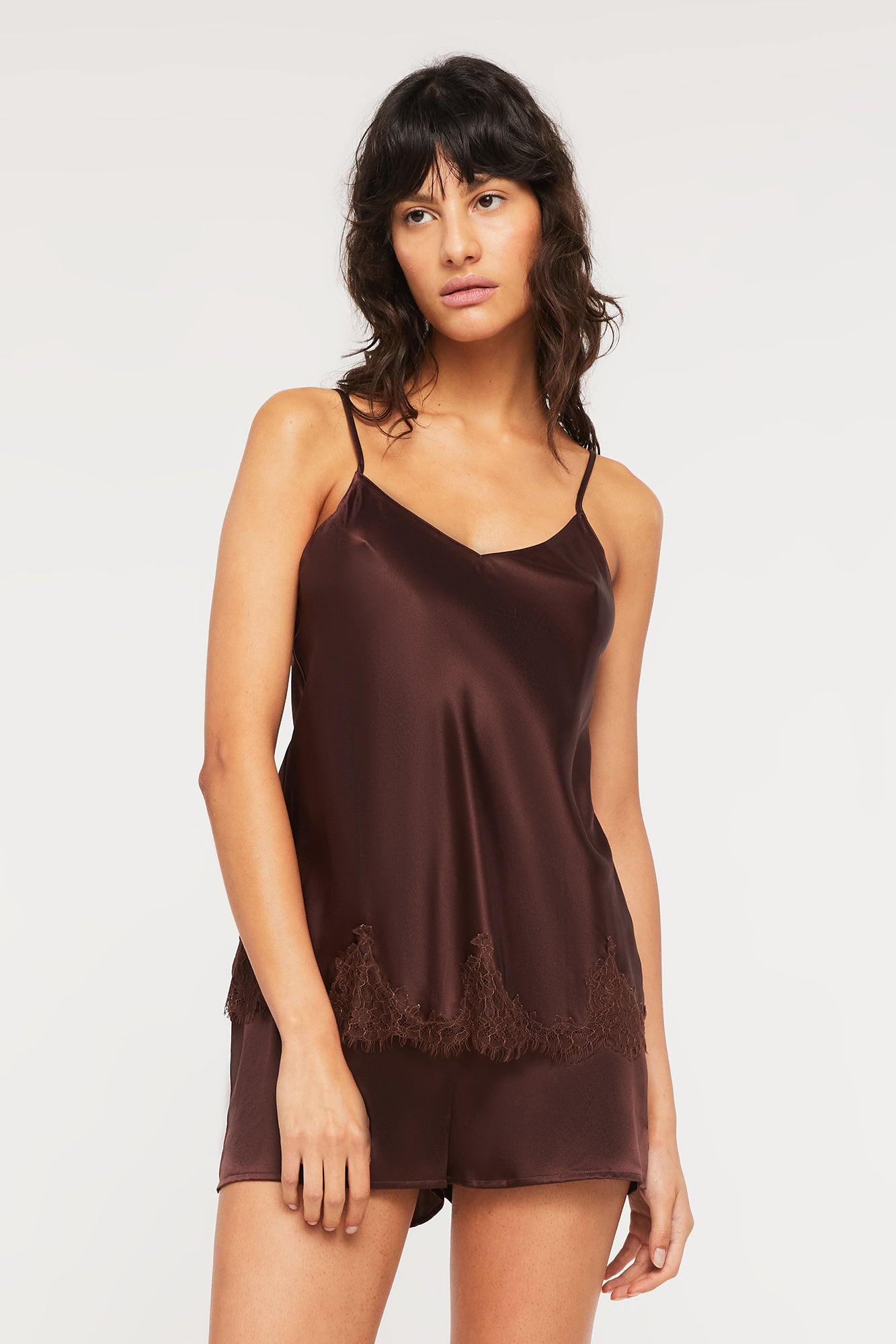 GINIA Lacy Lady Cami in Mocha 19 Momme Silk