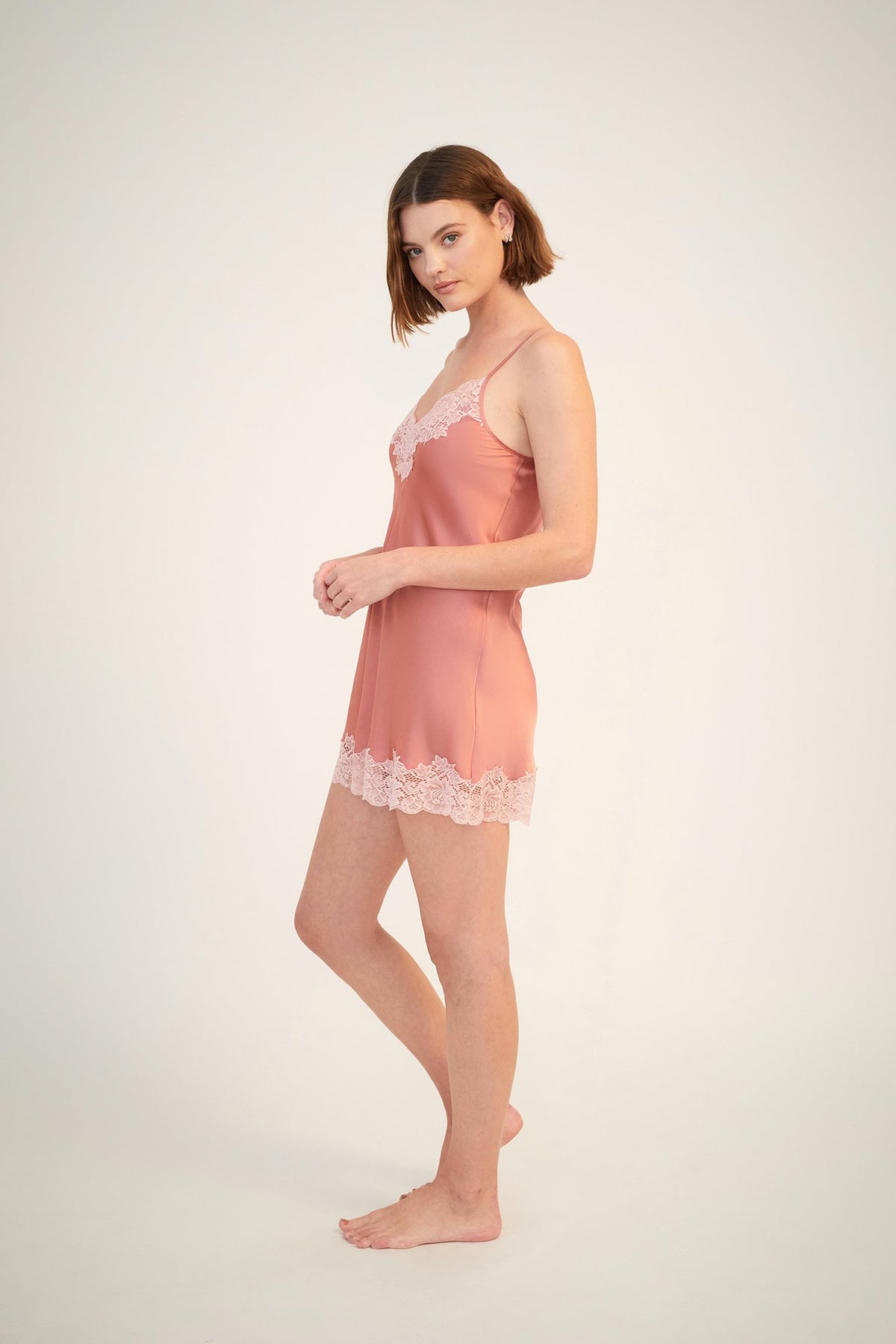 GINIA Silk Chemise With Lace - Mauve Glow