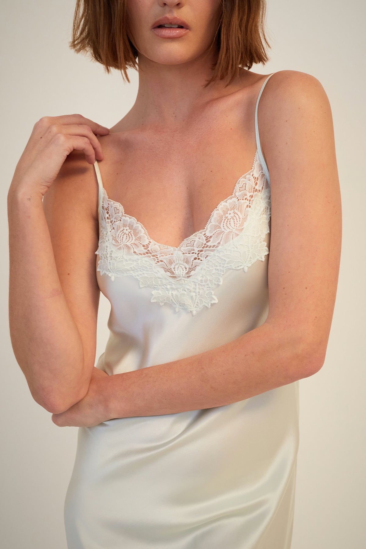 GINIA Silk Slip With Lace - Soft Sage